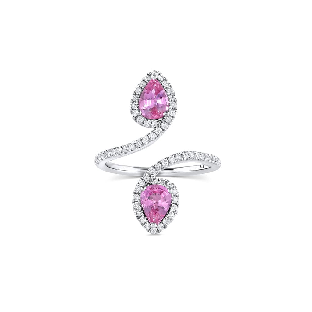 Blue & Pink Sapphire Flower Bypass Ring with Diamonds 18K