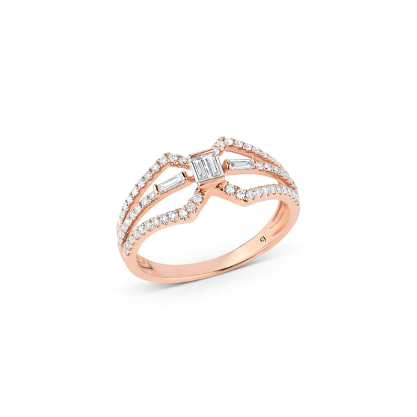 18kt Rose Gold Diamond 3 Row Baguette Center Ring