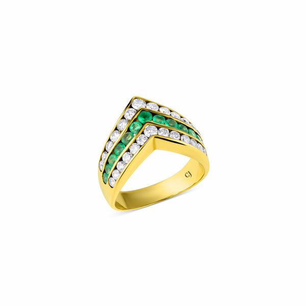 Estate 18kt Yellow Gold Emerald and Diamond V Shaped Ring