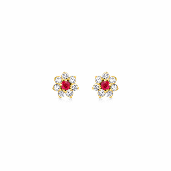 18kt Yellow Gold Burmese Ruby and Diamond Flower Earrings