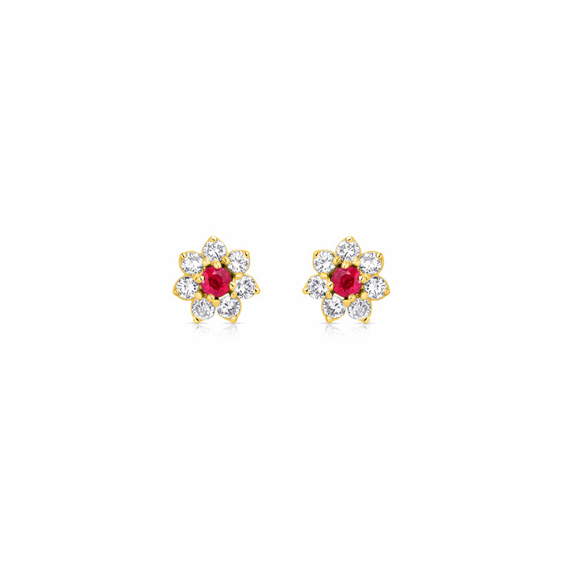 18kt Yellow Gold Burmese Ruby and Diamond Flower Earrings