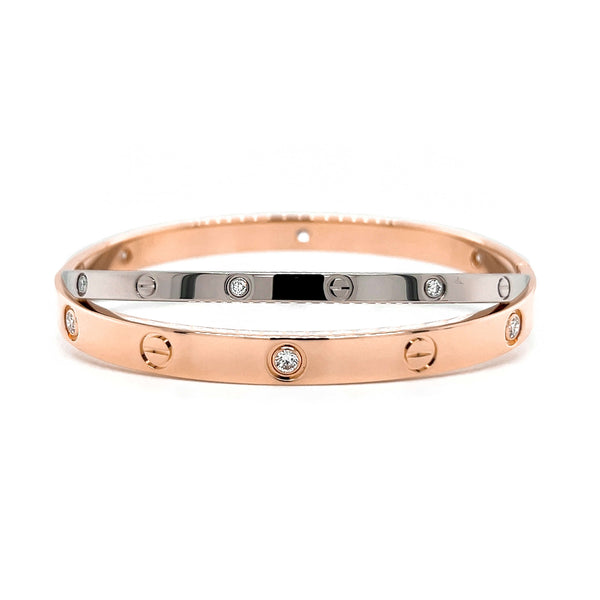 Estate Cartier Double LOVE Bracelet, Diamond Rose and White Gold, SZ 17