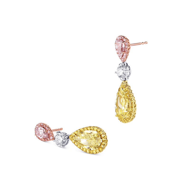 Rivière 18k Gold Pear Shaped Fancy Pink & Yellow Earrings, GIA Certified