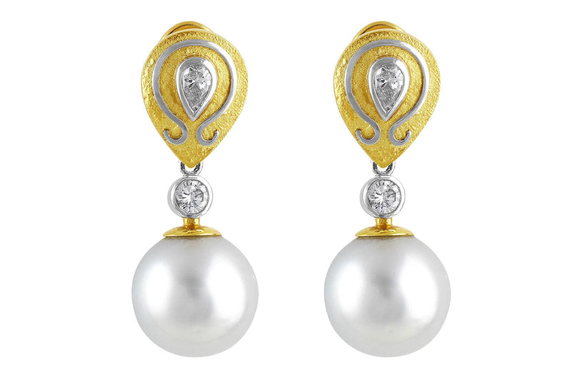 18k White Yellow Gold South Sea Pearl Earrings with Art Setting – CJ ...